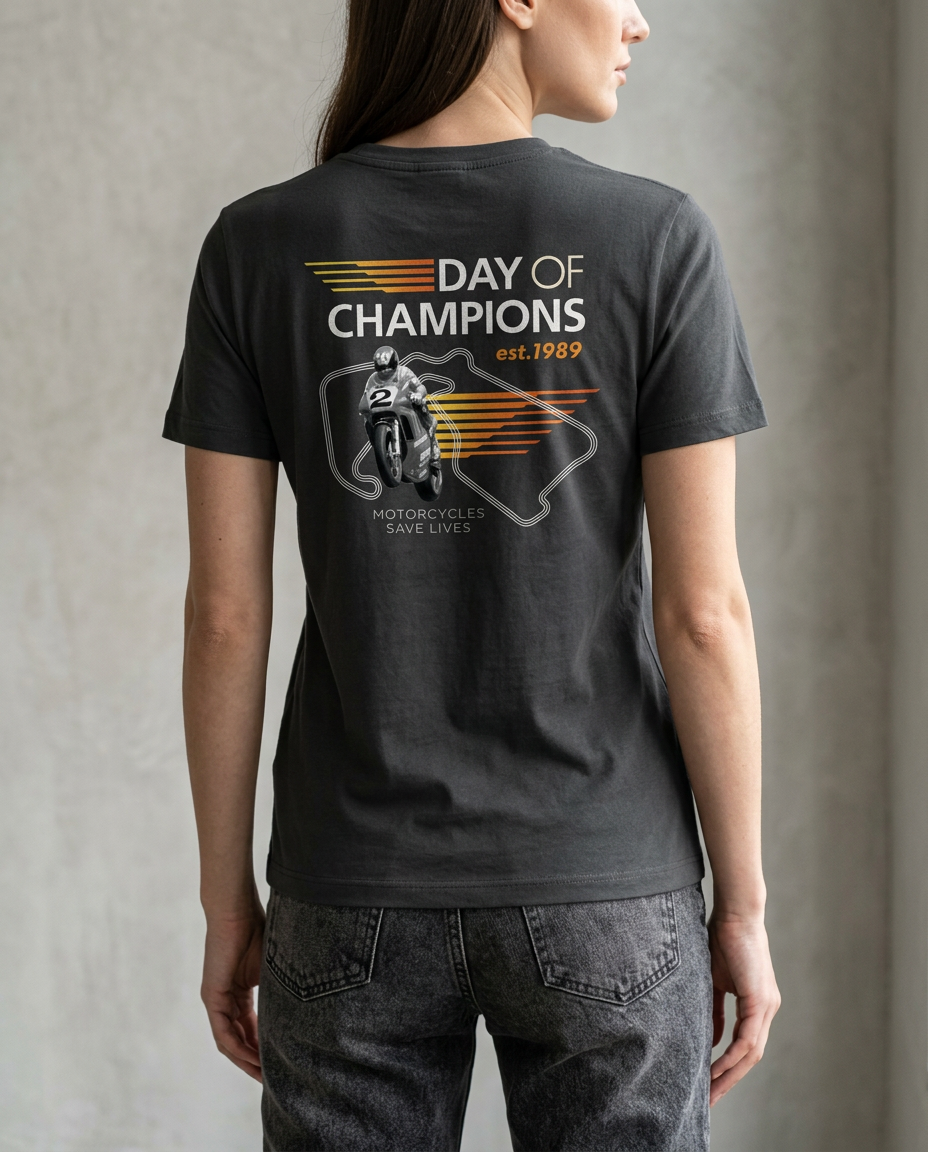 AI-created model mockup showing the charcoal Day of Champions tee back print