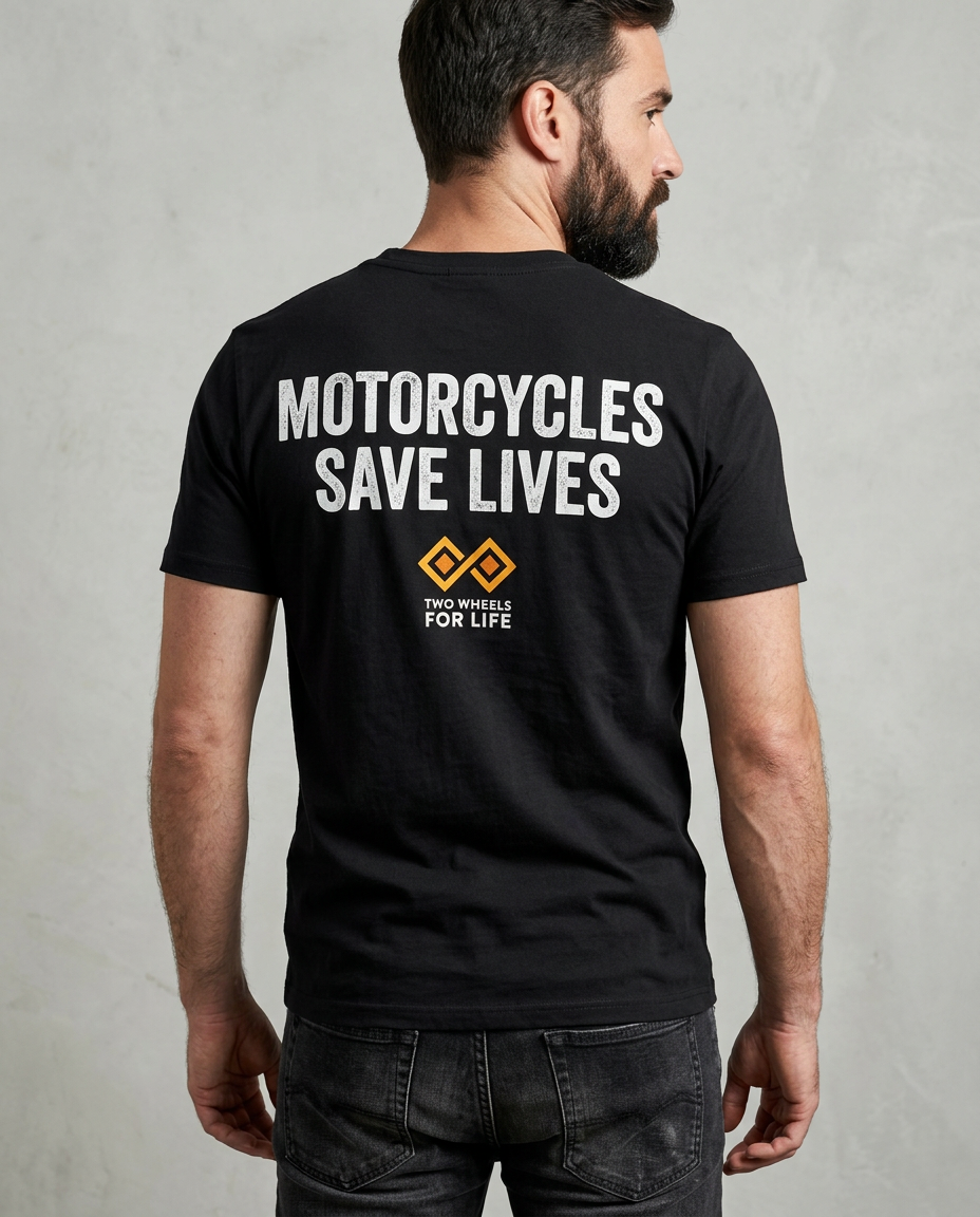 AI-created model mockup showing the Motorcycles Save Lives tee back print