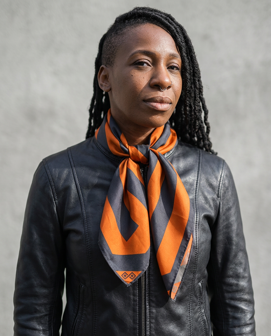 AI-created model mockup of the orange and charcoal Malle silk riding scarf