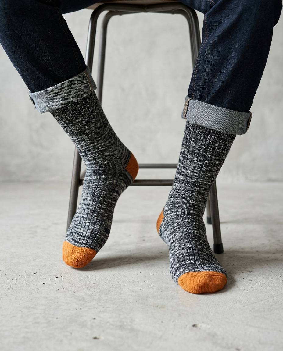 AI-created model mockup of grey marl motorcycle socks with orange toes and heels